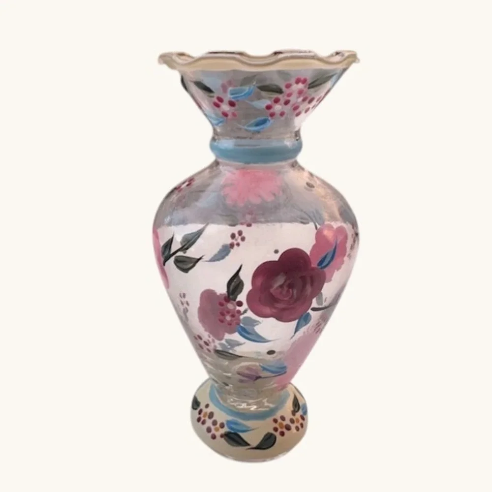 Pfaltzgraff Hand‎ Painted Floral Glass Vase Pink Rose Ruffled Rim Pedestal 7.5in